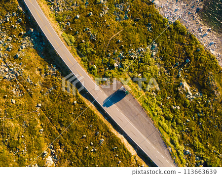 Top down view. Camper car on road, Hardangervidda plateau, Norway 113663639