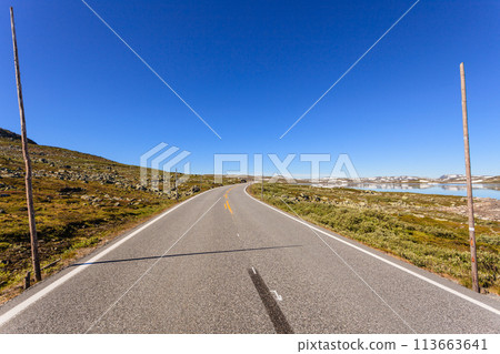 Road crossing Hardangervidda plateau, Norway 113663641
