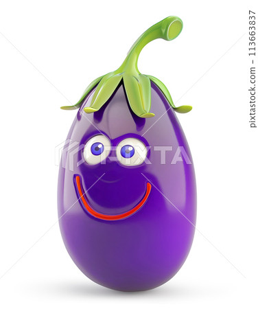 Grinning eggplant cartoon character with blue eyes, isolated on white Grinning eggplant cartoon character with blue eyes, isolated on white 113663837