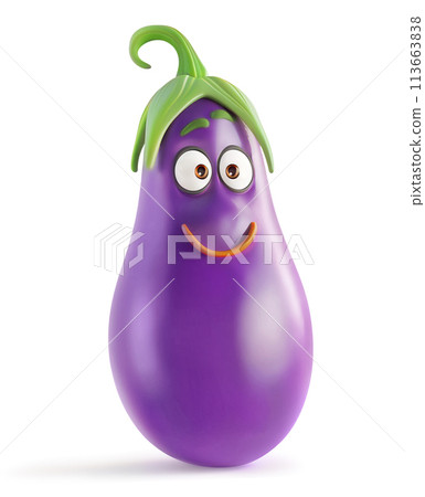 Content eggplant character with a gentle smile, isolated on white Content eggplant character with a gentle smile, isolated on white 113663838