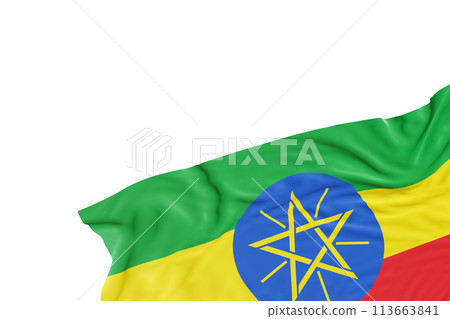 Realistic flag of Ethiopia with folds, isolated on white background. Footer, corner design element. Cut out. Perfect for patriotic themes or national event promotions. Empty, copy space. 3D render. 113663841