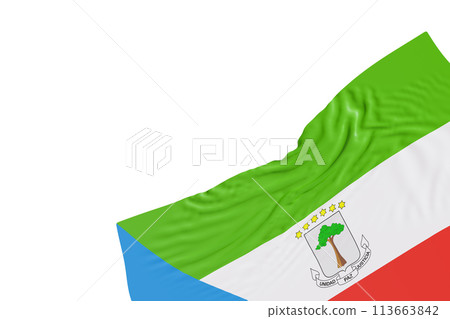 Realistic flag of Equatorial Guinea with folds, isolated on white background. Footer, corner design element. Cut out. Perfect for patriotic themes or national event promotions. Empty, copy space. 3D 113663842