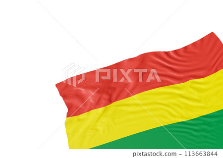 Realistic flag of Bolivia with folds, isolated on white background. Footer, corner design element. Cut out. Perfect for patriotic themes or national event promotions. Empty, copy space. 3D render. 113663844