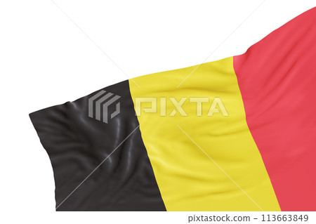 Realistic flag of Belgium with folds, isolated on white background. Footer, corner design element. Cut out. Perfect for patriotic themes or national event promotions. Empty, copy space. 3D render. 113663849