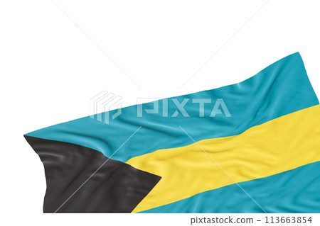 Realistic flag of Bahamas with folds, isolated on white background. Footer, corner design element. Cut out. Perfect for patriotic themes or national event promotions. Empty, copy space. 3D render. 113663854
