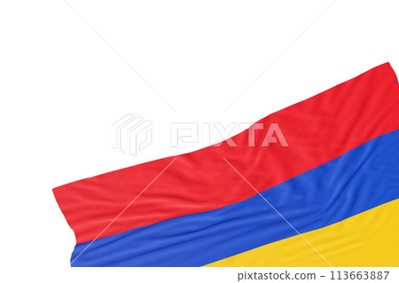 Realistic flag of Armenia with folds, isolated on white background. Footer, corner design element. Cut out. Perfect for patriotic themes or national event promotions. Empty, copy space. 3D render. 113663887