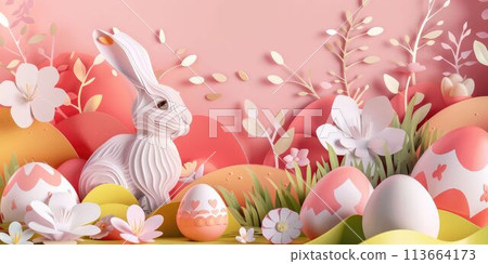 Paper cut rabbit with eggs and flowers on backdrop AIG42E Paper cut rabbit with eggs and flowers on backdrop AIG42E 113664173
