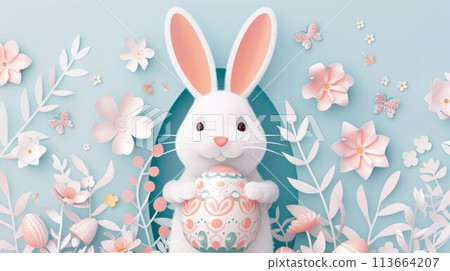 Rabbit holding egg and flower in creative arts display at Easter event AIG42E 113664207