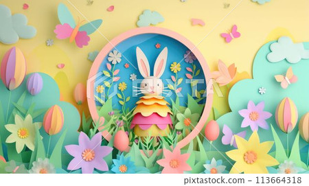 A whimsical spring landscape with eggs, flowers, and a bunny AIG42E 113664318