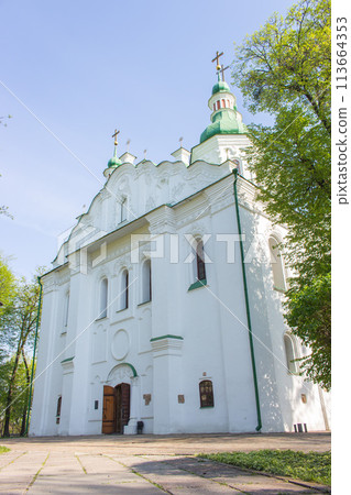 Kyiv, Ukraine - 04 11 2024: exterior of St.Cyril church in Kyiv. Springtime in back yard of Cyril church. Religious heritage of Ukrainian culture. Orthodox christian monastery. White church with cross Kyiv, Ukraine - 04 11 2024: exterior of St.Cyril church in Kyiv. Springtime in back yard of Cyril church. Religious heritage of Ukrainian culture. Orthodox christian monastery. White church with cross 113664353