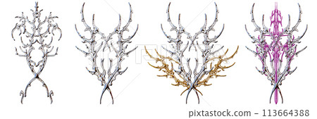 Neo tribal 3D shape, gothic y2k chrome acid symmetry ornament, abstract dark silver surreal form. 113664388