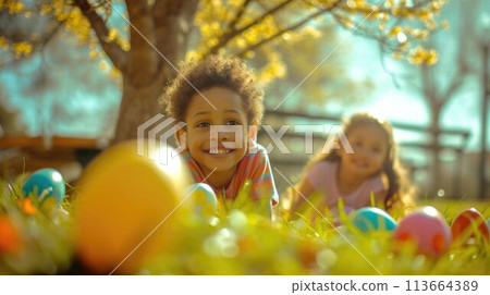 Children painting Easter eggs in the park, happy and full of leisure AIG42E Children painting Easter eggs in the park, happy and full of leisure AIG42E 113664389