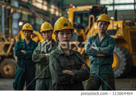 group of construction workers with background of excavation machinery aigx04 113664464