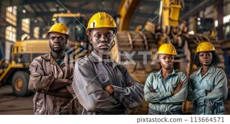 group of construction workers with background of excavation machinery aigx04 113664571