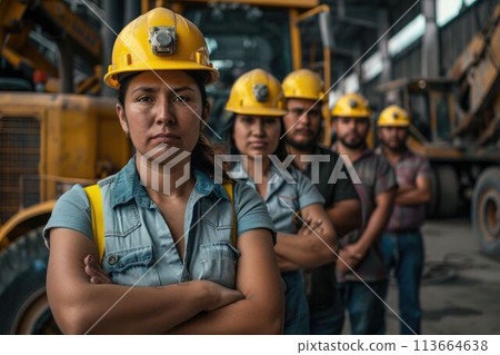 group of construction workers with background of excavation machinery aigx04 113664638