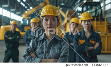 group of construction workers with background of excavation machinery aigx04 113664656