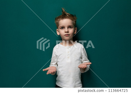 Little Boy Standing in Front of Green Wall Little Boy Standing in Front of Green Wall 113664725