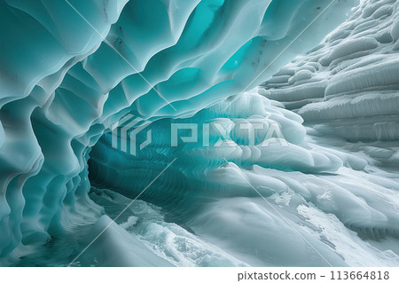 glacier cave formed by flows of water inside a melting glacier 113664818