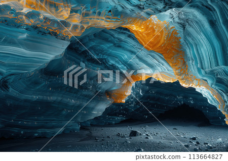 glacier cave with a rocky bottom and colored mineralized layers in the ice 113664827