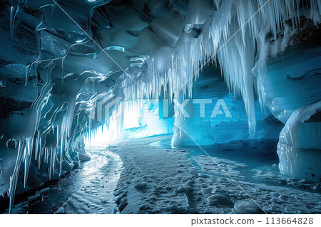 glacier cave with numerous icicles and meltwater flow glacier cave with numerous icicles and meltwater flow 113664828