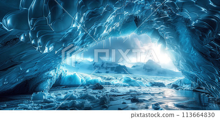 beautiful view from inside a glacier cave in the mountains 113664830