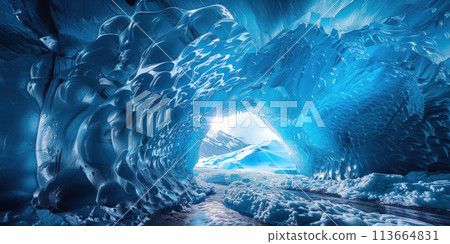 sun shines inside a glacier cave in the mountains 113664831