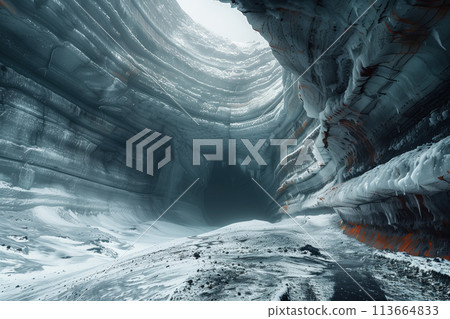 view from inside a glacier cave with a vertical well in the ceiling 113664833