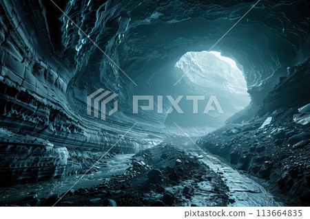 view inside a glacier cave with a vertical well in the ceiling 113664835