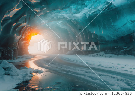 view inside a glacier cave in the mountains 113664836