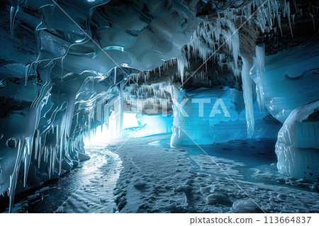 setting sun shines inside a glacier cave tonnel in the mountains 113664837