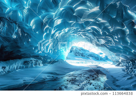 view inside an ice cave with rock ceiling and perennial year-round ice view inside an ice cave with rock ceiling and perennial year-round ice 113664838