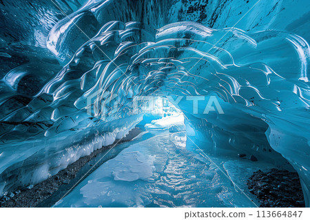 glacier cave formed by flows of water inside a melting glacier 113664847