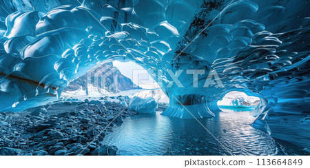 view inside a glacier cave in the mountains 113664849