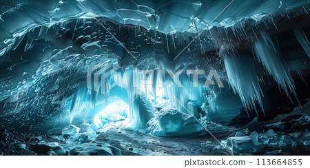 ice cave with icicles and streams of melting water 113664855