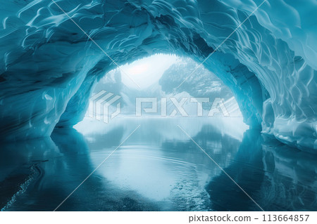 view from inside a glacier cave on the edge of a high mountain lake 113664857