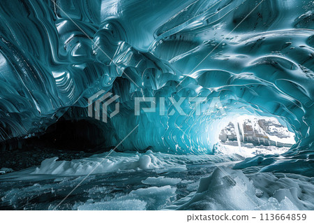glacier cave formed by flows of water inside a melting glacier 113664859