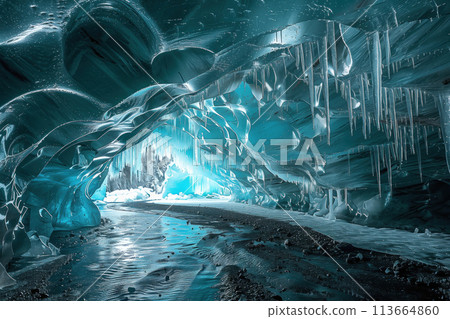 glacier cave formed by flows of water inside a melting glacier 113664860