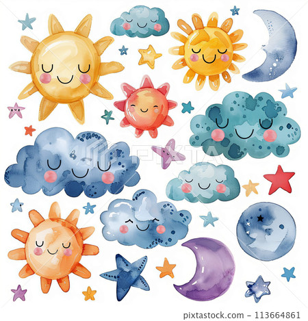 Delightful watercolor illustrations of sun, clouds, moon, and stars in gentle pastel tones, ideal for crafting dreamy posters, greeting cards, and digital backgrounds. 113664861