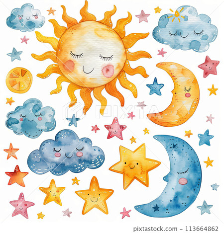 Charming watercolor pack featuring cute sun, clouds, moon, and stars in soft pastel hues. Perfect for children's illustrations, nursery decor, and whimsical designs. 113664862