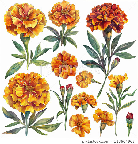 Vibrant watercolor pack featuring marigold bouquets, single flowers, and elements. Perfect for festive designs, greeting cards, and botanical illustrations. 113664965