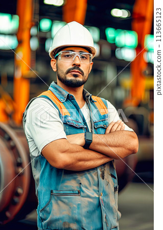 Man Wearing Hard Hat and Safety Glasses 113665123