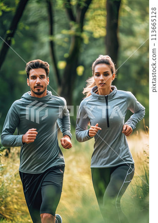 Man and Woman Running in the Woods Man and Woman Running in the Woods 113665128