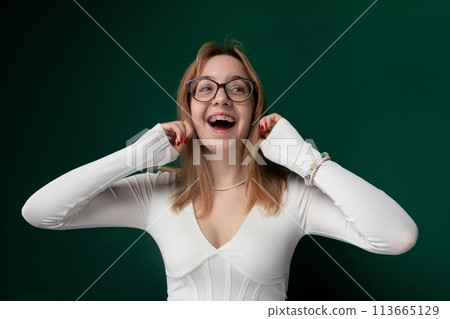 Woman Wearing Glasses and White Shirt 113665129