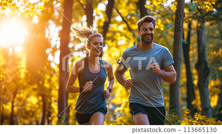Man and Woman Running in the Woods Man and Woman Running in the Woods 113665130