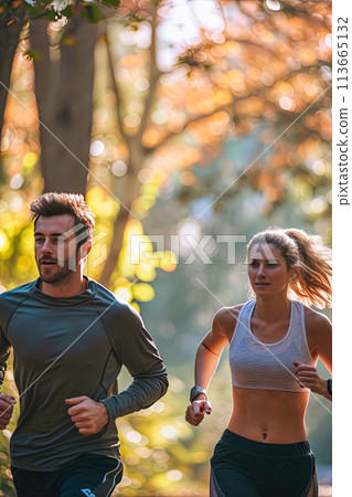 Man and Woman Running in the Woods 113665132
