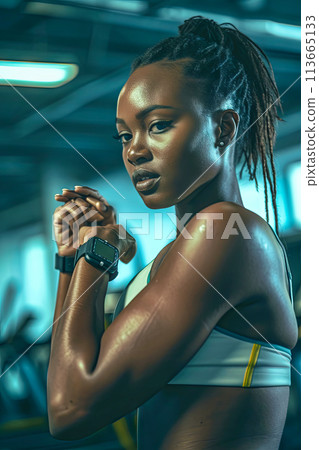 Portrait of a young black woman using a sport smartwatch 113665133