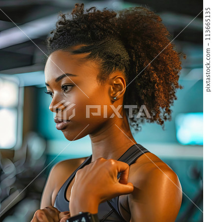 Portrait of a young black woman using a sport smartwatch Portrait of a young black woman using a sport smartwatch 113665135