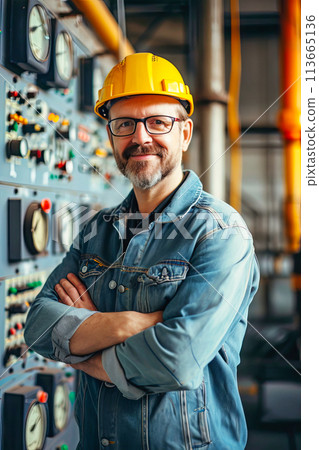 Man in Hard Hat Standing in Front of Control Panel Man in Hard Hat Standing in Front of Control Panel 113665136