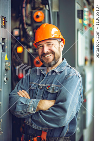 Man in Hard Hat Standing in Front of Control Panel 113665137