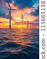 Windmills Floating in the Ocean at Sunset 113665138